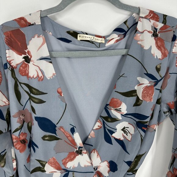 3/$25 Wayward Fancies Eshakti Floral Wrap Blouse Top L Flare Bell 3/4 Sleeves - Picture 7 of 8